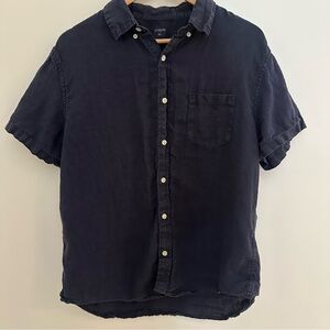 J.Crew Women’s Linen Button Down Short Sleeve Blouse Navy Large L